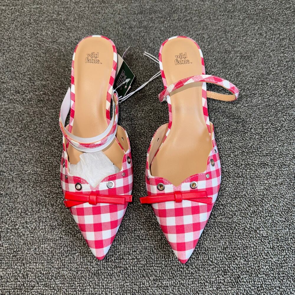 Wild Fable Red White Gingham Kitten Heel Mules Bow Coquette Pointed Toe Size 7.5